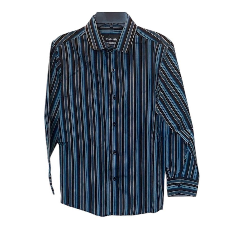 Van Heusen Black Blue Striped Button Down Dress Shirt Big Boys Size 10/12 Large